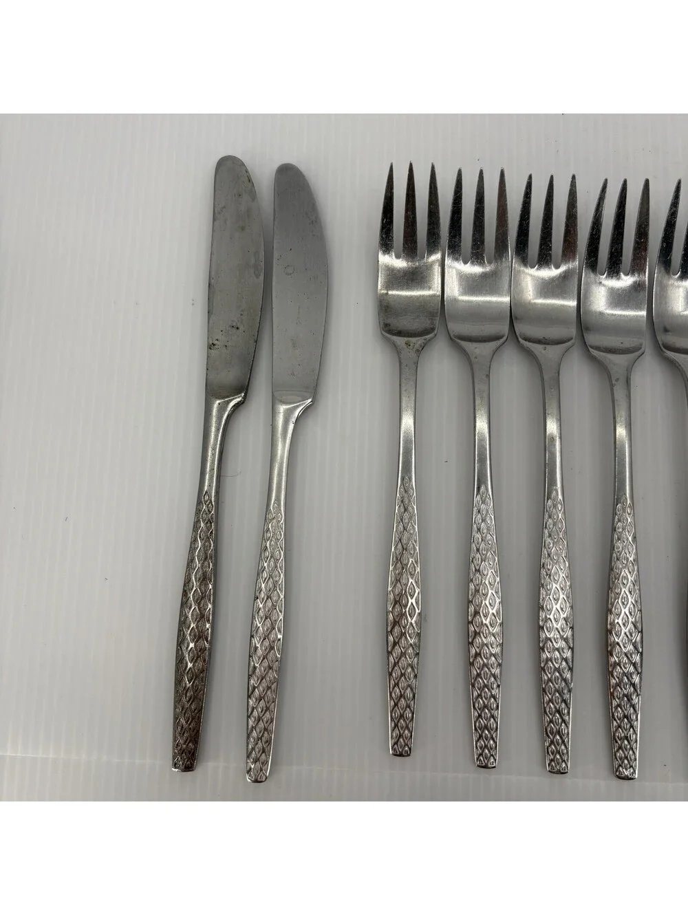 Dansk Designs Denmark IHQ 14 Pc Stainless Flatware Diamond Pattern Forks Knives